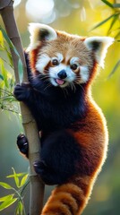 Fototapeta premium Capture the adorable charm of a red panda in its natural habitat, surrounded by lush bamboo forests, as it playfully climbs trees with its bright reddish-brown fur and bushy tail