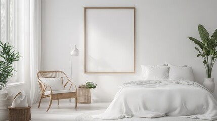 Obraz premium A mockup poster frame adds charm to a bright white bedroom, surrounded by tasteful furnishings and gentle lighting, ideal for displaying your designs