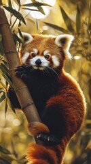 Fototapeta premium Capture the adorable charm of a red panda in its natural habitat, surrounded by lush bamboo forests, as it playfully climbs trees with its bright reddish-brown fur and bushy tail