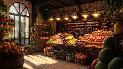 Fototapeta premium A well-lit, detailed fruit shop displaying a variety of fresh fruits, from berries to melons, in a realistic setting.