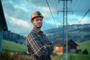 industrial worker in the countryside with arms crossed posing for camera, houses and green mountains background, photorealistic, OeE