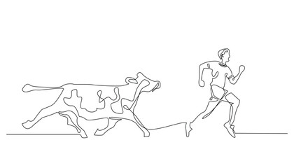 continuous line of people running from a rampaging cow.vector single line of cows chasing a man.one line drawing isolated white background