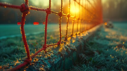 Red rope net with frost at sunset with golden bokeh. AI generative. .