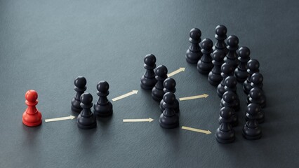 Obraz premium 3D illustration of pawns over black background showing the principle of information and influence propagation in social networks.3D rendering on black background. 