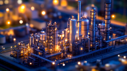 Fototapeta premium Illuminated industrial complex at night with towering structures and glowing lights