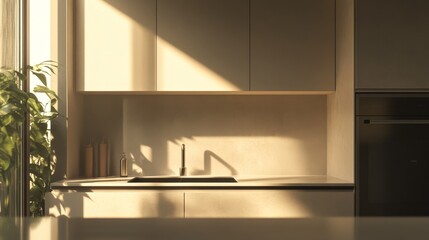 A modern kitchen interior showcasing a stylish cabinet with a sleek sink and a large window allowing natural light to flood in. An empty mockup table stands ready for design inspiration