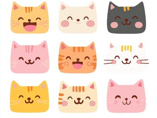 2408 101.A set of cute square-headed cat faces in different colors, each with playful expressions. The flat design features large pink noses, pointy ears, and tiny tongues sticking out, drawn in a