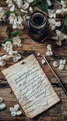 Create a nostalgic scene featuring a beautifully handwritten letter resting on a vintage wooden table, surrounded by an ink pot, quill, and delicate flower petals