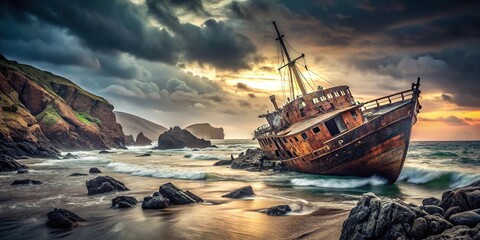 Reflected eerie shipwreck abandoned on rugged coast captured in raw style with ghostly atmosphere