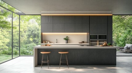 A modern minimalist kitchen featuring a functional island with comfortable stools. The expansive window fills the space with light, creating an inviting atmosphere for cooking and dining
