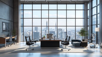 A modern open office design incorporates large windows that reveal a stunning urban view.