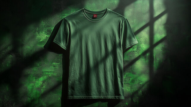 High-Contrast Front View of Acid-Washed Olive Green T-Shirt with Dramatic Shadows
