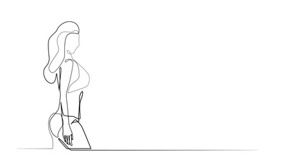 continuous line of beautiful woman's hand in bikini.beautiful curvy woman's body in bikini drawn in one line.isolated white background