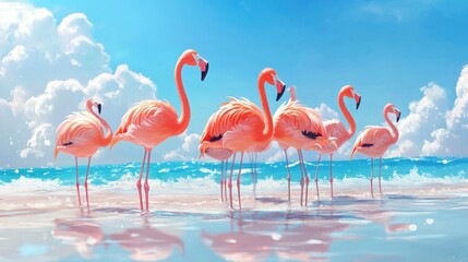 Obraz premium A group of flamingos standing gracefully in shallow water, their pink feathers contrasting beautifully with the blue backdrop of the sky.