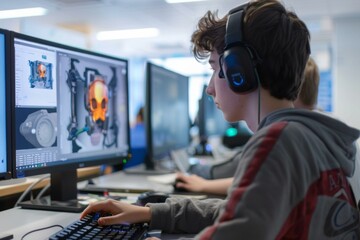 A boy with headphones on playing a video game at the computer. AI.