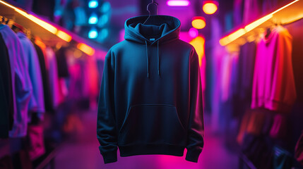 Fototapeta premium Plain Black Hoodie with Vibrant Colorful Clothing Background and Soft Lighting