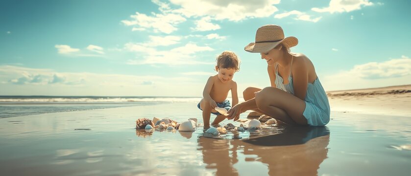 Mother and child collecting seashells and exploring tide pools on a sunny day at the beach, family Summer Beachcombing concept image
