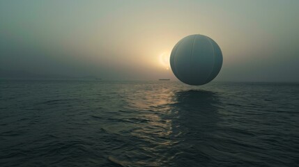 A large white ball floating in the water at sunset. AI.