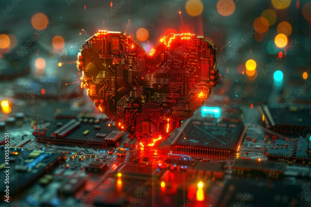 Canvas Prints a heart shaped circuit board with glowing lights on it. ai.