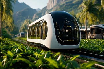 Obraz premium A rural village in a futuristic world, where advanced transportation, smart homes, and high-tech farming equipment blend seamlessly with the natural beauty of the countryside.