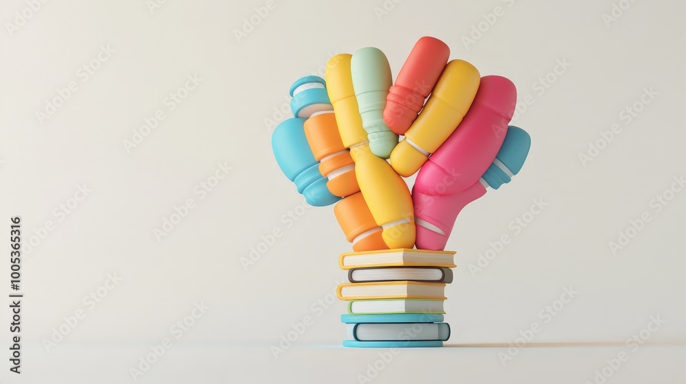 Poster a playful 3d rendering depicts a stack of brightly colored books arranged to create the shape of a l
