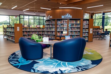 A rural village library serving as a hub for learning, where people of all ages gather to read, learn, and participate in community events.