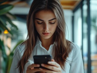 Fototapeta premium Modern Businesswoman Focused on Cell Phone