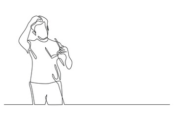 continuous line of stylish man holding glasses.fashionably dressed young man with glasses one line drawing