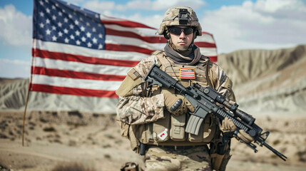 Naklejka premium Soldier Holding Machine Gun with American National Flag Patriotic Military Hero in Camouflage Displaying USA Pride