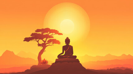illustration of a Buddha silhouette with a temple and sky background
