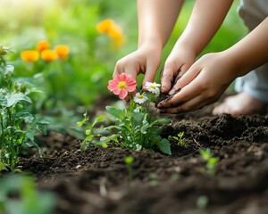 Mother and child planting seeds together in their backyard garden, hands dirty with soil, excited to see flowers grow, Spring Garden Planting concept