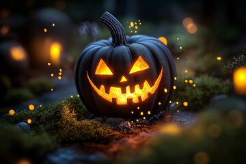 Fototapeta premium A spooky jack-o'-lantern with glowing, enchanted flames inside, set in a mystical landscape where magic fills the air.