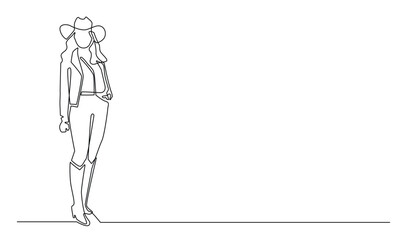 continuous line of woman dressed as a cowboy.single line of fashion cowboy woman.cowboy woman in one line vector drawing