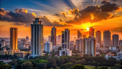 Fototapeta premium reflected sunset behind skyscraper in downtown Bangalore