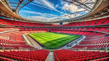 Reflected wide angle shot of empty Wembley Stadium on a bright day for FA Cup Final setup
