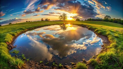 Fototapeta premium Reflection of evening sun in water puddle on meadow with fisheye perspective