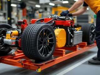 Fototapeta premium Automotive engineer developing hybrid vehicles that combine electric motors and internal combustion engines, automotive engineer, hybrid technology