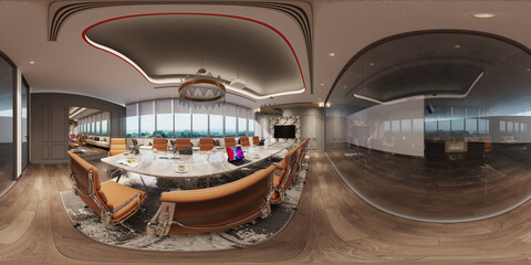 3d illustration spherical 360 vr degrees, a seamless panorama of the office meeting room and interior design (3D rendering) © poramet