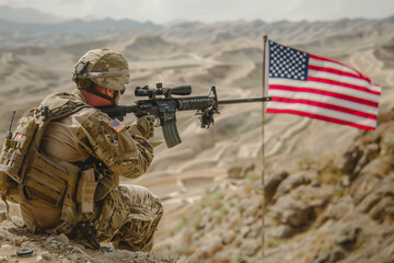 Fototapeta premium Soldier Holding Machine Gun with American National Flag Patriotic Military Hero in Camouflage Displaying USA Pride