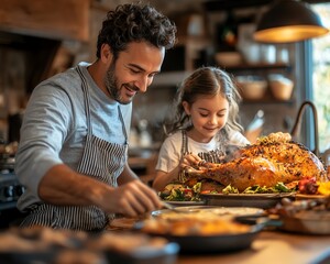 Thanksgiving dinner preparation in a warm kitchen, featuring parents cooking turkey and side dishes and children helping with preparations for a festive celebration