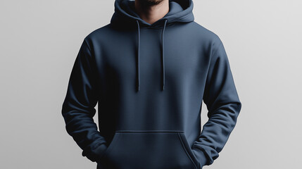 Dark Blue Hoodie on Minimalist Light Grey Backdrop