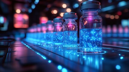 Futuristic Vials with Glowing Liquid on a High-Tech Production Line Generative AI