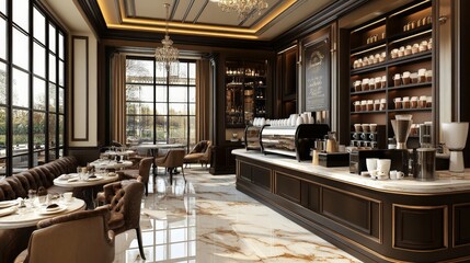 A sophisticated coffee shop model that emphasizes elegance, featuring marble countertops, luxurious seating, and an extensive menu of gourmet drinks