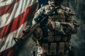 Fototapeta premium Soldier Holding Machine Gun with American National Flag Patriotic Military Hero in Camouflage Displaying USA Pride