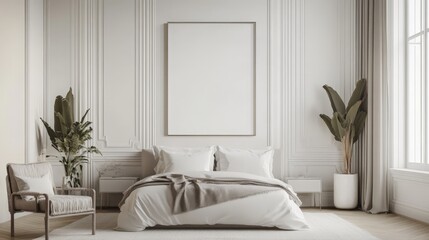 A sophisticated mockup poster frame complements the decor of a luxurious white bedroom, showcasing modern elegance and a tranquil ambiance