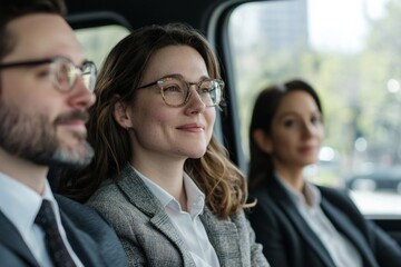  A Group Of Young Business Travelers Sharing A Ride To An Event. They Are Talking About Their Experiences And Excha, Generative AI