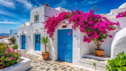 Whitewashed Cycladic buildings crowned with a bright blue door and lush bougainvillea, reflecting the beauty of