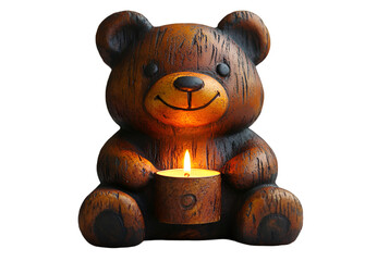 A small wooden bear candle holder featuring a lit candle, creating a warm and inviting ambiance.
