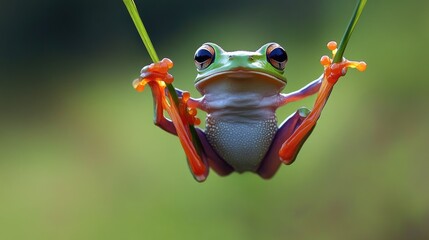 Naklejka premium A playful image of a frog holding onto a blade of grass, looking as though it's swinging like a gymnast.