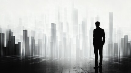 A silhouette of a person stands before abstract cityscape structures in a monochromatic setting.
